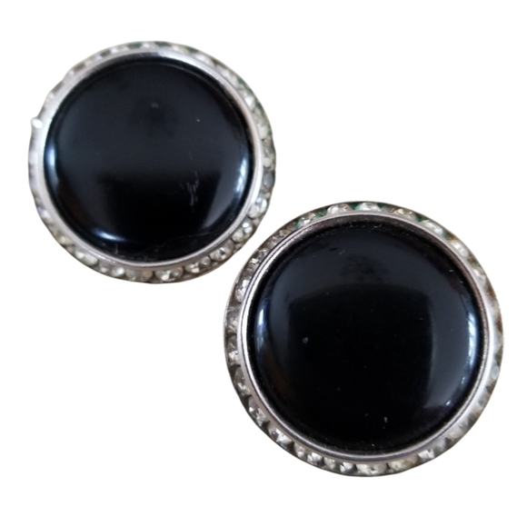 Vintage Signed Lisner Black Lucite Rhinestone Silver Tone Clip Earrings - Picture 5 of 12